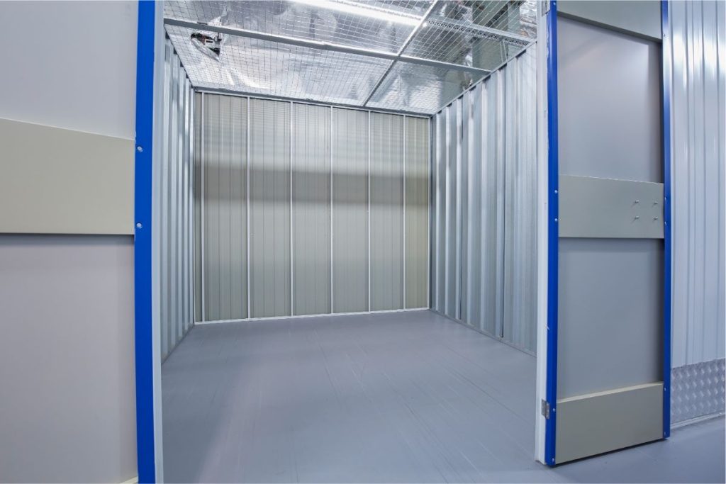 Modern storage container unit with metal framing and insulated walls for secure storage system.